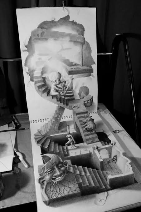 Dibujo 3D en cuaderno: escaleras imposibles con figuras surrealistas que salen de la pagina