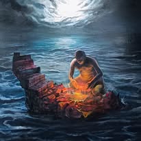 Pintura: figura con tunica naranja sobre bote en llamas en mar nocturno bajo la luna