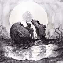 Tinta y lavado: cabeza de piedra partida con figura y arbol, luna llena de fondo