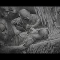 Grafito surrealista: figuras palidas alrededor de un bebe en una cama