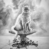 Graphite: cat seated on a mushroom in a dreamlike landscape