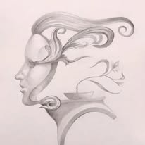Pencil: female profile transforming into ornamental curved forms